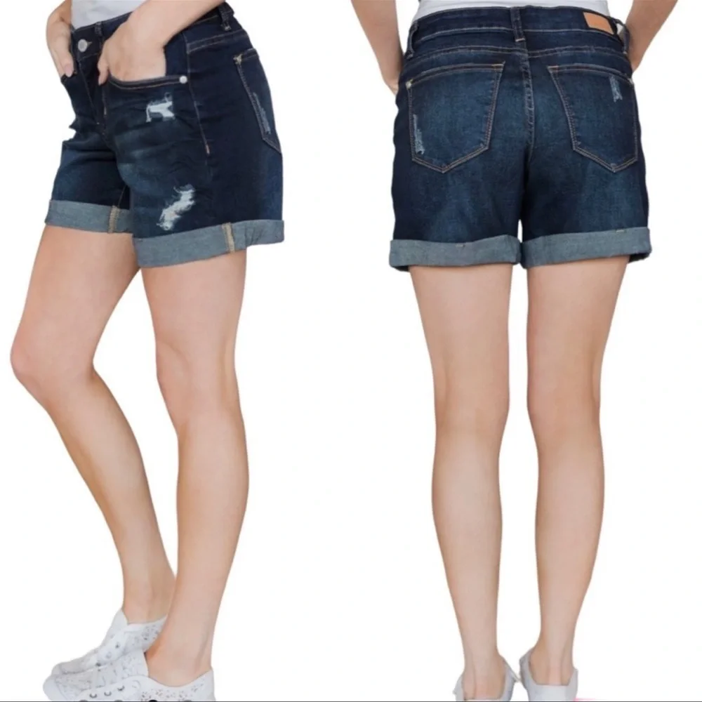 Judy Blue Distressed Denim Cuffed Hem Shorts JB1552 Size Medium Boho Festival - Picture 2 of 11